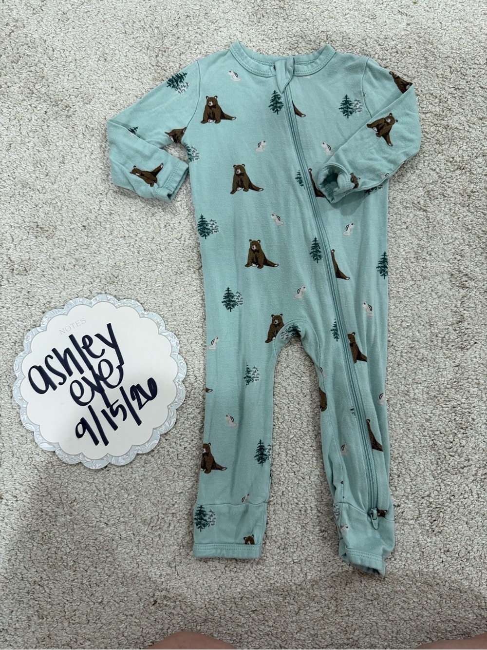 Kyte BABY Mint Green Bear Print Zip-Up One-Piece